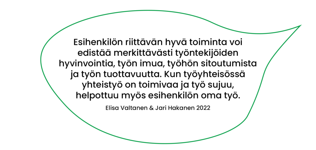 Elisa Valtanen & Jari Hakanen (2022) lainaus:Esihenkilön riittävän hyvä toiminta voi edistää merkittävästi työntekijöiden hyvinvointia, työn imua, työhön sitoutumista ja työn tuottavuutta. Kun työyhteisössä yhteistyö on toimivaa ja työ sujuu, helpottuu myös esihenkilön oma työ.