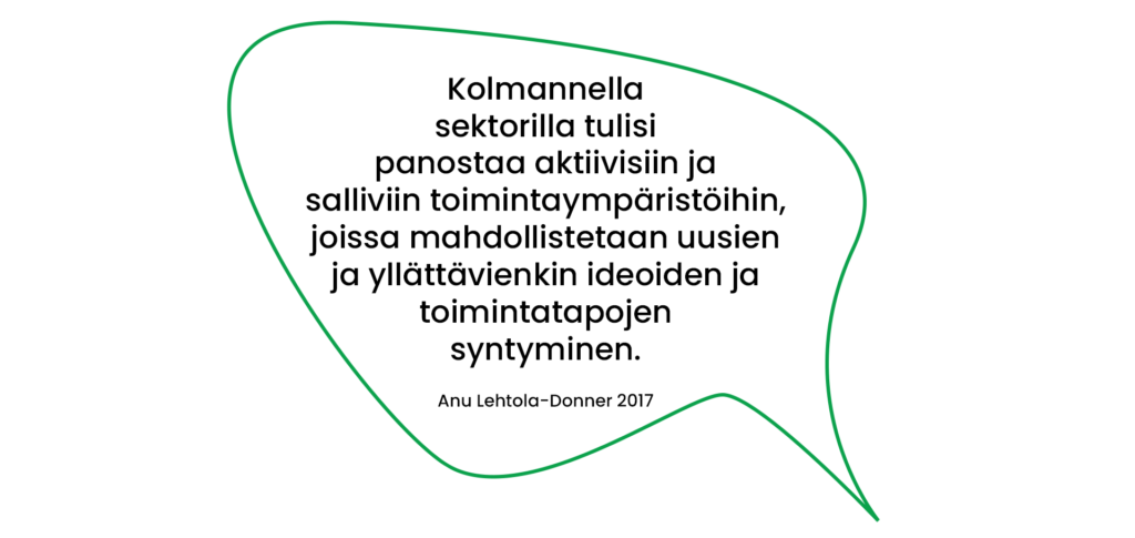 Anu Lehtola-Donnerin (2017) lainaus: Kolmannella sektorilla tulisi panostaa aktiivisiin ja salliviin toimintaympäristöihin, joissa mahdollistetaan uusien ja yllättävienkin ideoiden ja toimintatapojen syntyminen.