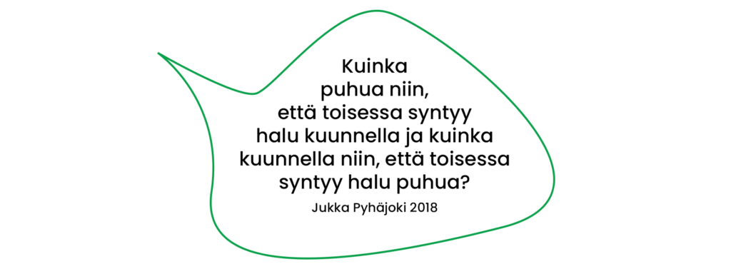Puhekupla, jossa lukee" Kuinka puhua niin, että toisessa syntyy halu kuunnella ja kuinka kuunnella niin, että toisessa syntyy halu puhua? Lainaus: Jukka Pyhäjoki 2018.