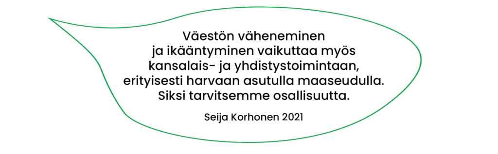 Seija Korhosen (2021) lainaus: Väestön väheneminen ja ikääntyminen vaikuttaa myös kansalais- ja yhdistystoimintaan, erityisesti harvaan asutulla maaseudulla. Siksi tarvitsemme osallisuutta.